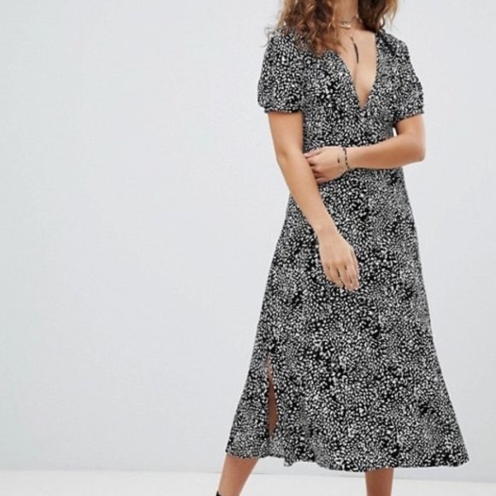 Free People Looking For Love Black White Midi‎ Dress Size 4 Boho Festival